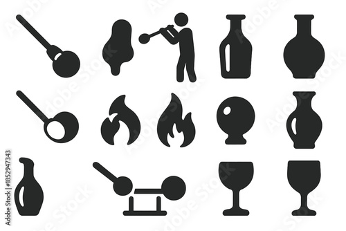 Glassblowing Icon Set. Solid style icons of glassblowing: blowpipe with gather, molten glass blob, artisan shaping glass, glass