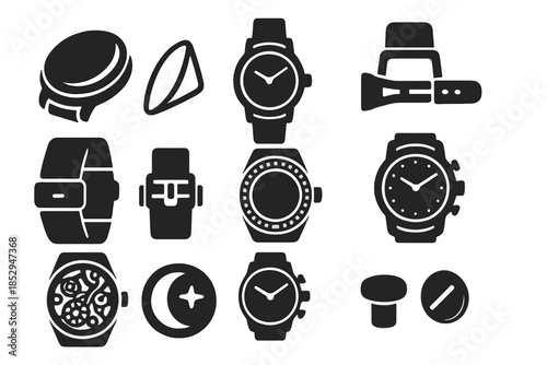 Luxury Watch Icons. Solid style icons of Luxury timepieces: polished case, sapphire crystal, leather strap, folding clasp,