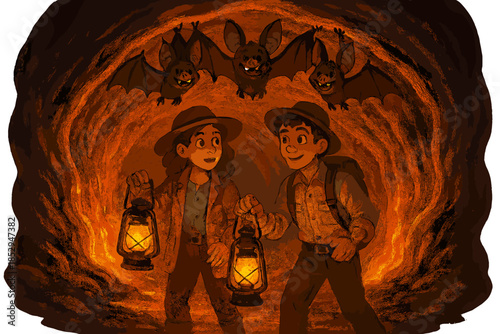 Lava Tube Exploration. Lava tube adventure with glowing walls, bats smiling, and curious explorers carrying lanterns No text, No