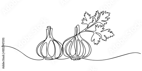 Garlic vector illustration, background. One line drawing art illustration with lettering organic garlic. Garlic one line drawing, Continuous Line Drawing Of Garlic & Parsley On A Transparent