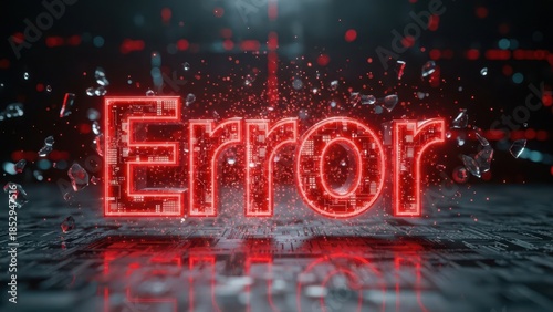 Glowing red error message with shattered glass effect on dark background