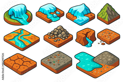Glacial Retreat Isometric Illustration. Isometric vector illustration set Glacial Retreat: arc-shaped terminal moraine, glacial
