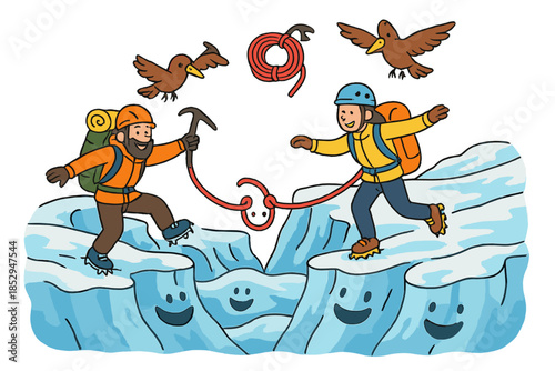 Glacier Adventure. Glacier crossing with happy ropes, playful crevasses, climbers balancing, and birds carrying gear No text, No