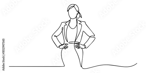 Continuous one single line drawing Confident businesswoman in formal suit icon vector illustration concept, business woman drawing illustration hand drawn continuous one line
