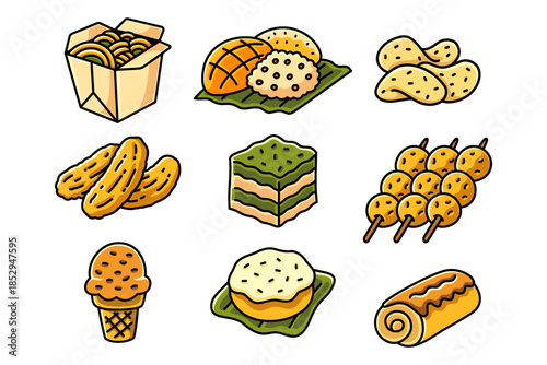 Asian street snacks colorful icon set. Traditional desserts cartoon element designs. Noodle, Mango sticky rice, Chips, Fried banana, Jelly, Fish cake, Ice cream, Donut, Cake roll. Vector illustration