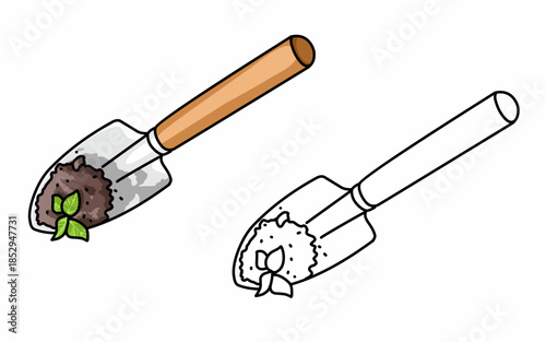 Mini Shovel with soil and fresh plants. Planting trees in the garden