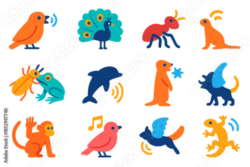 Animal Communication Icons. Flat vector icons of communication signals in animals: vocalization, visual display, chemical scent,