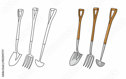Three types of gardening shovels. garden tools illustration coloring page