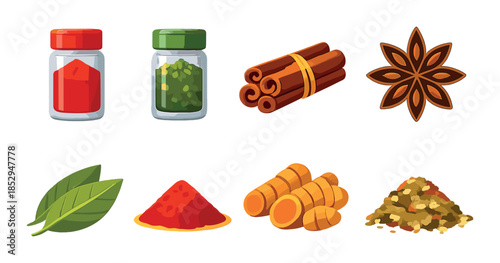 Colorful spices and herbs selection with leaves and containers