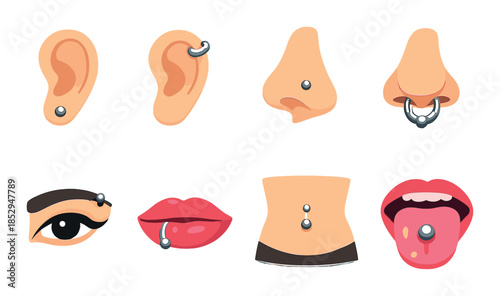 Diverse facial and body piercings on cartoon features