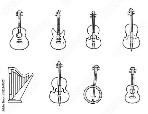 Monochrome illustration of string instruments: guitar, violin, harp, banjo