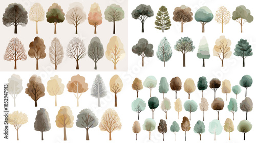 Soft watercolor style tree illustration set featuring rounded and slender forms in muted pastel tones representing forest landscapes nature diversity and calm organic design aesthetics