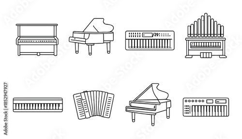Set of various musical instruments: piano, accordion, organ, keyboard