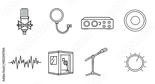 Illustration of audio recording equipment featuring microphone and sound waves
