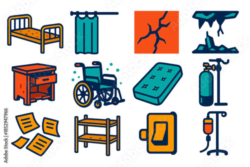 Deserted Ward Icons. Flat vector icons of Deserted Wards: rusted bed frame, curtain rail, cracked wall, collapsed ceiling, broken