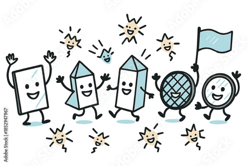 Playful Optics Table. Cheerful doodle optics table with mirrors smiling, prisms dancing, polarizing filters waving like flags, and