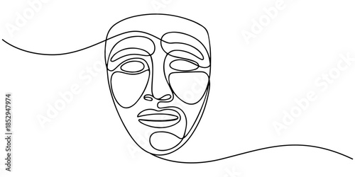 Greek theater mask drawn in continuous one line style representing comedy and tragedy expressions in minimalist elegant vector design, Greek mask one line drawing, opera event symbols continuous hand 