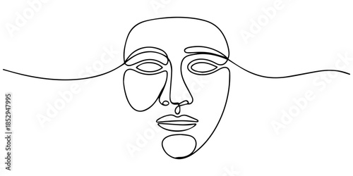 Greek theater mask drawn in continuous one line style representing comedy and tragedy expressions in minimalist elegant vector design, Greek mask one line drawing, opera event symbols continuous hand 