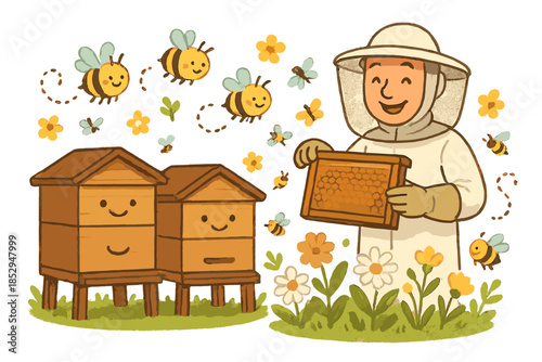 Joyful Beekeeping Scene. Beekeeping scene with smiling hives, cheerful bees buzzing around flowers, and a friendly beekeeper in a
