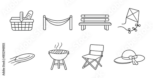 Outdoor leisure icons: picnic basket, hammock, bench, kite, frisbee, grill, chair, hat