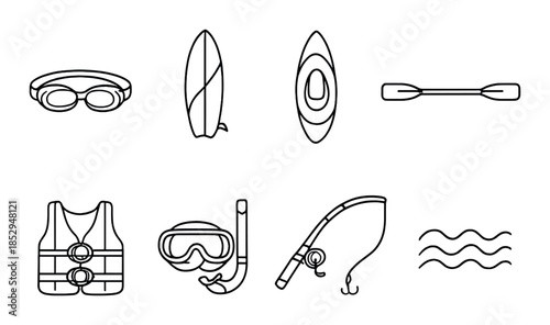 Minimalist outdoor water sports icons: goggles, surfboard, kayak, paddle, life vest, snorkel, fishing rod