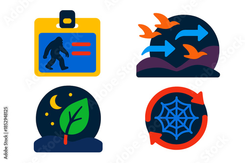 Shadow Biology Icons. Flat vector icons of silhouette biology: shadow creature outline identification card, migration arrows