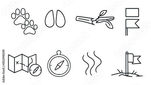 Monochrome outdoor exploration icons: map, compass, paw print, trail, flags