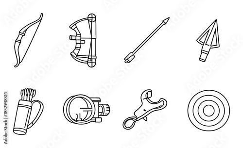 Archery icons: bow, arrow, quiver, target, and accessories