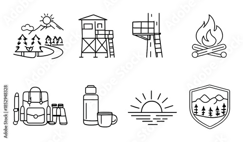 Outdoor adventure icons: backpack, campfire, tower, scenery, sunset, badge design elements