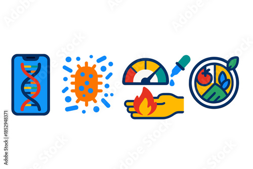 Advanced Nutrition Icons. Flat vector icons of advanced dietary analytics: DNA-based nutrition planner app, microbial balance