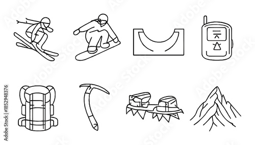 Winter sports gear and activities icons: ski, snowboard, avalanche safety, mountaineering equipment