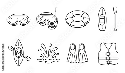 Set of monochrome water sports equipment icons on gray background
