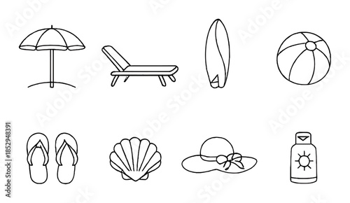 Beach vacation icons: umbrella, lounger, surfboard, ball, flip-flops, shell, hat, sunscreen