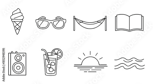 Summer essentials icons: ice cream, sunglasses, hammock, book, speaker, drink, sunset, waves