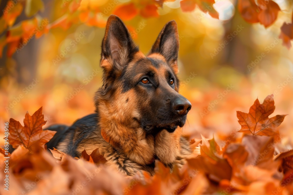 Obraz premium German shepherd dog enjoying a beautiful autumn day lying on colorful fallen leaves in a park