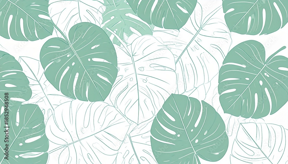 Fototapeta premium Tropical leaves background vector. Natural jungle monstera palm leaves design 