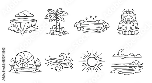Monochrome nature and meditation symbols with floating island and buddha