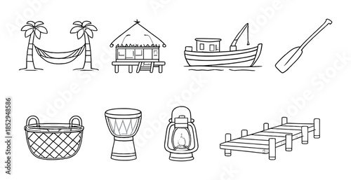 Tropical icons: hammock, hut, boat, paddle, basket, drum, lantern, dock