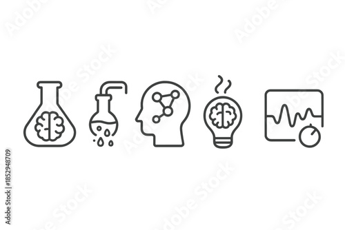 Cognitive Distillation Icons. Line style icons of cognitive distillation devices: neural flask outline, condensation flow,