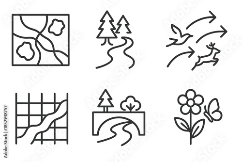 Habitat Corridor Design Icons. Line style icons of habitat corridor designers: landscape connection map, forest-to-river pathway,