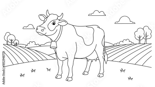 Standing Cow Coloring Page with Clean Farm Animal Outline for Children Education