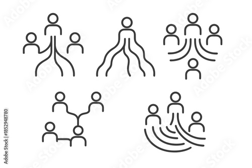 Flowing Unity Network. Line style icons of people gathering like tributaries: flowing line network, human figures merging paths,