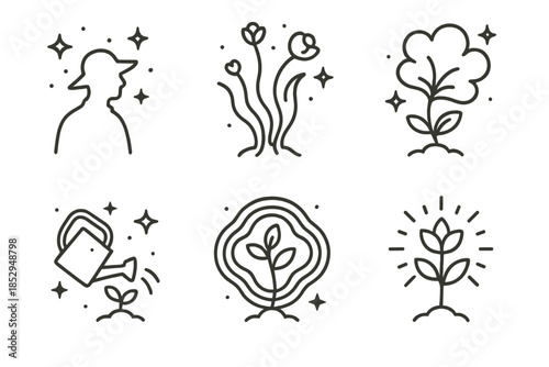 Cosmic Garden Harmony. Line style icons of nebula garden tenders: gardener silhouette under stars, vapor trail plants, cloudlike