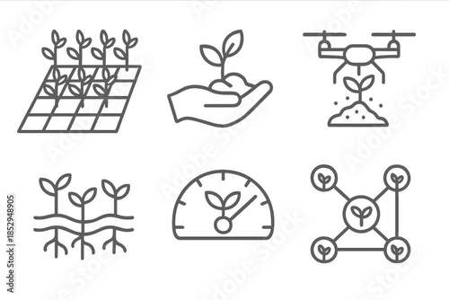 Reforestation Icons Set. Line style icons of reforestation management tools: sapling growth grid, seedling planting hand, drone