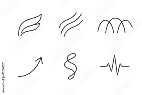 Graceful Change Icons. Line style icons of graceful change indicators: floating wing shapes, soft motion lines, rhythm flow arcs,