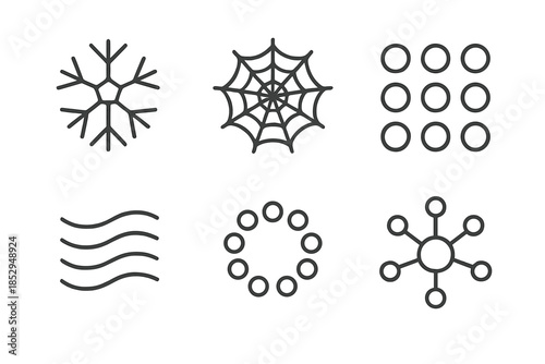 Silent Collective Icons. Line style icons of silent collective arrangements: interlocking snowflake group, calm symmetry web, soft