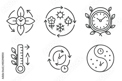 Seasonal Time Manipulators. Line style icons of seasonal time manipulators: rotating petal compass, seasonal cycle ring, clock