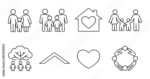Family and community icons: heart, home, unity, togetherness, support symbols