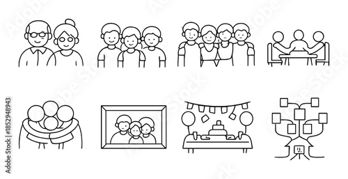 Monochrome family icons depicting various social activities and group dynamics