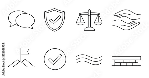 Set of minimalist icons representing communication, security, justice, support, goal, verification, tranquility, and stability